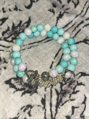 Beaded Charm Bracelet Set in Aqua and White angel wings rose pearlescent heart